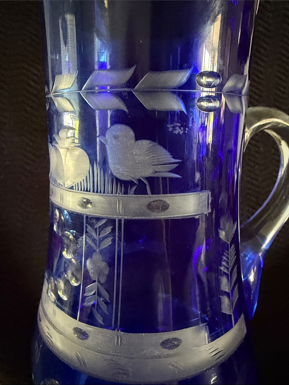 Vintage Bohemian/ Czech- Cobalt
Blue Etched Bird Stein